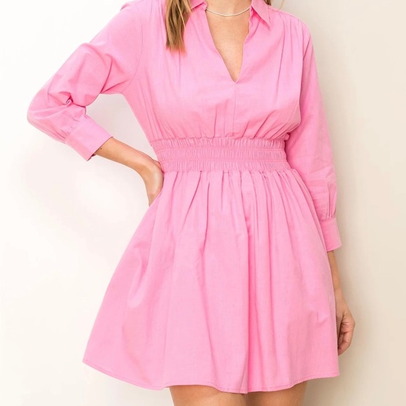 HYFVE Dresses & Skirts - New Pink V Neck Short Sleeve Smocked Mini Dress